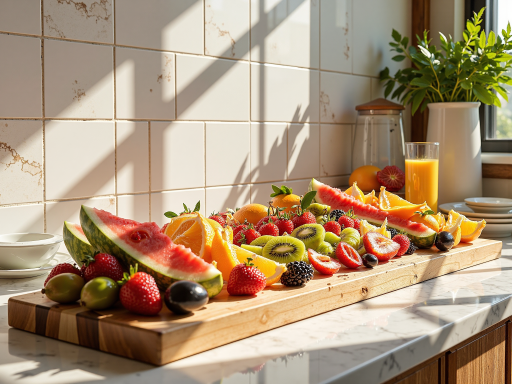 新鲜水果展示，包括苹果、橙子、葡萄等水果摆放在木质桌面上，背景是绿色植物，营造自然健康的氛围